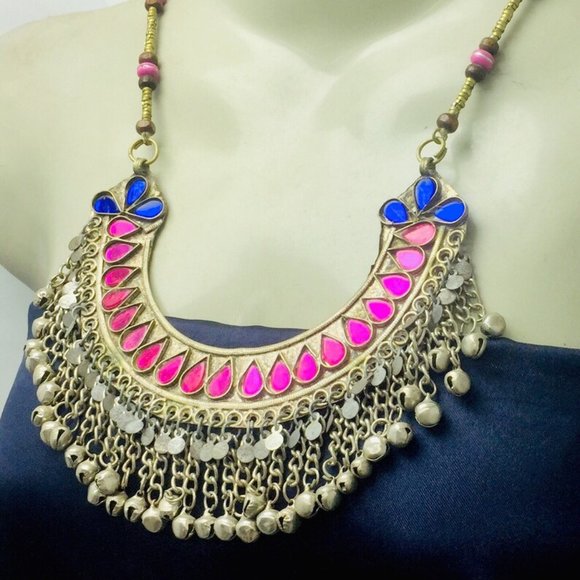 Beaded Chain Choker Necklace With Pink Glass Stones, Tribal Statement - Picture 5 of 9